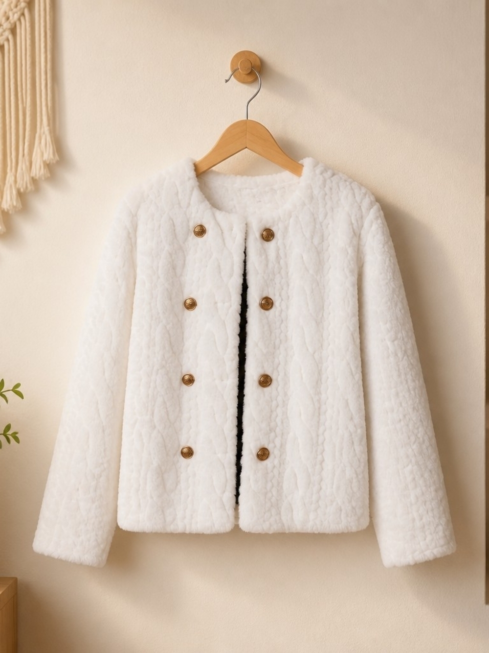 Women's White Faux Fur Button Jacket